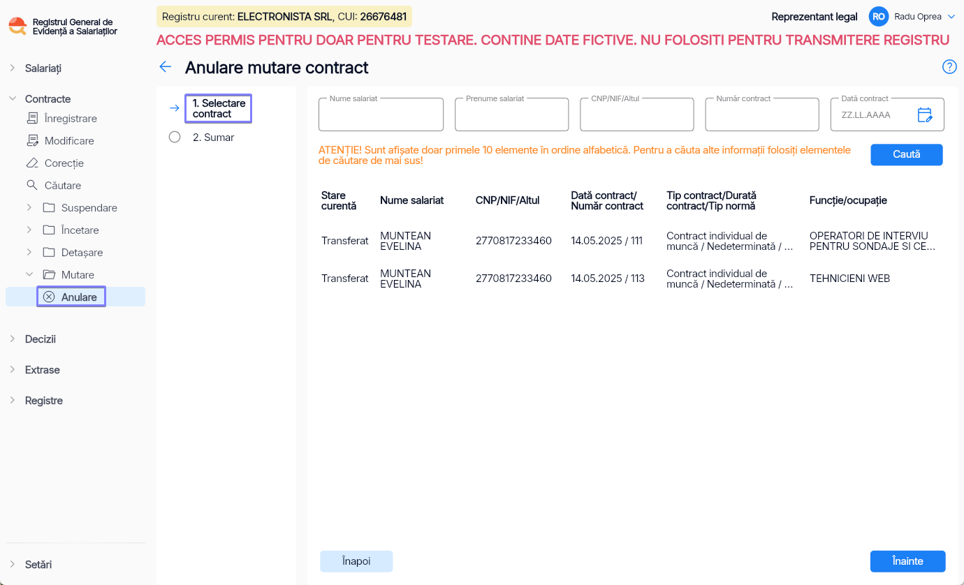 Imagine ilustrativă pași pentru anularea mutării unui contract în Reges Online - Pasul 1