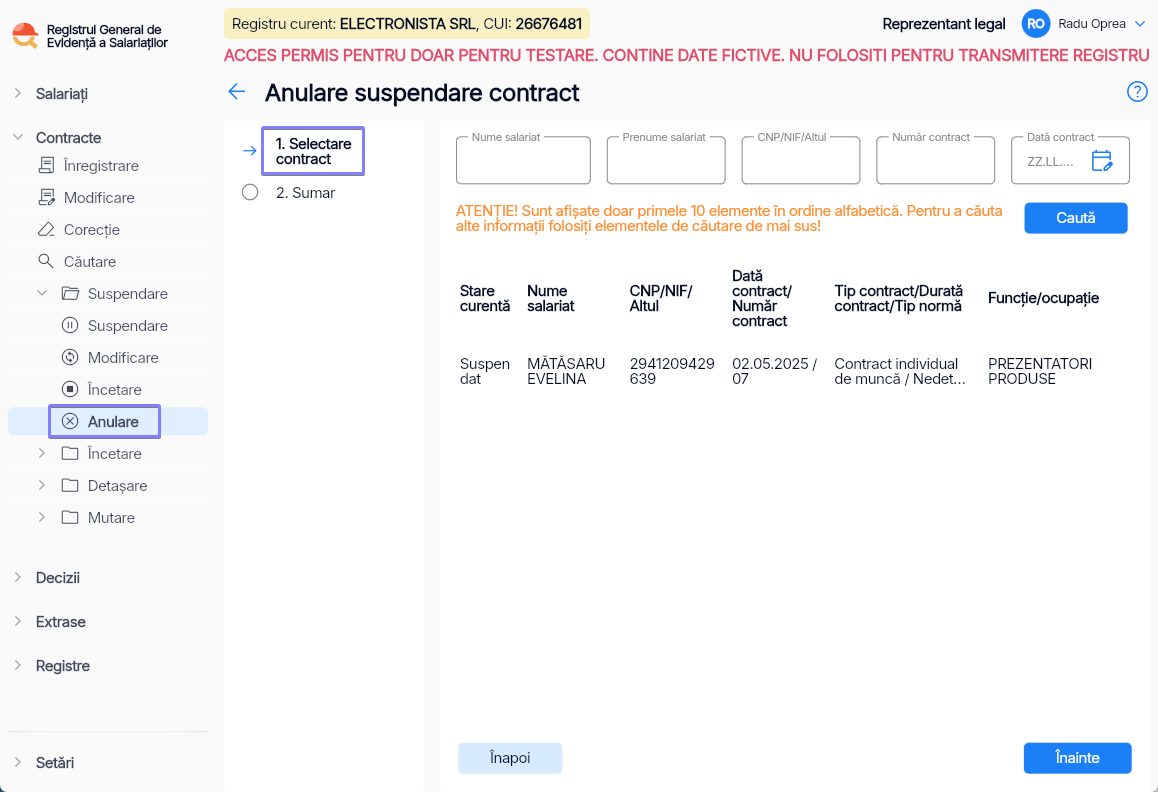 Imagine ilustrativă pași pentru anularea suspendării contractului unui salariat în Reges Online - Pasul 1