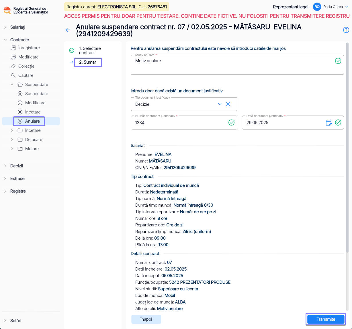 Imagine ilustrativă pași pentru anularea suspendării contractului unui salariat în Reges Online - Pasul 2