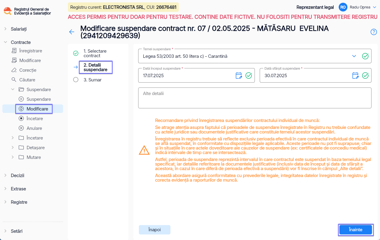 Imagine ilustrativă pași pentru modificarea suspendării contractului unui salariat în Reges Online - Pasul 2