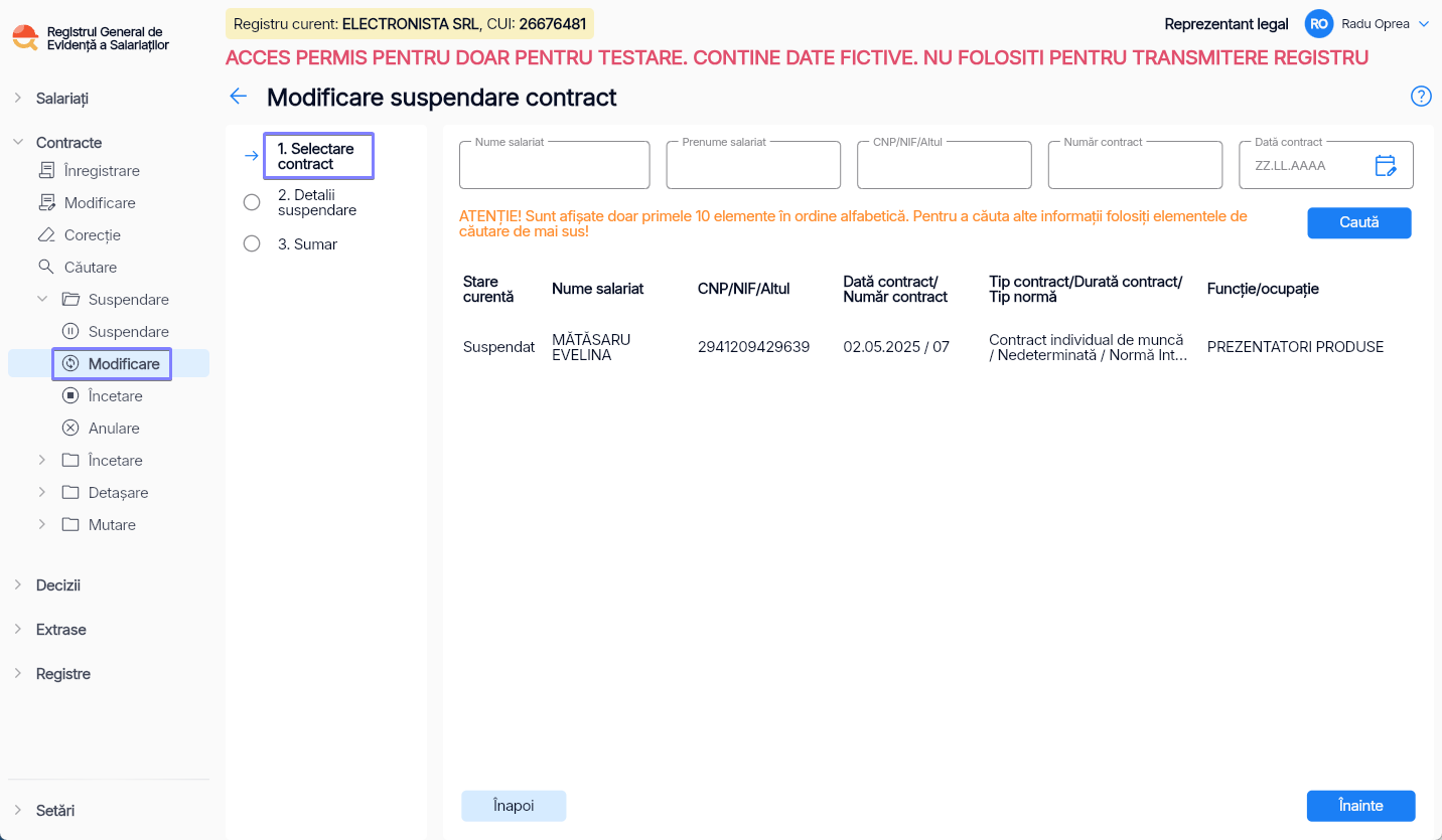 Imagine ilustrativă pași pentru modificarea suspendării contractului unui salariat în Reges Online - Pasul 1
