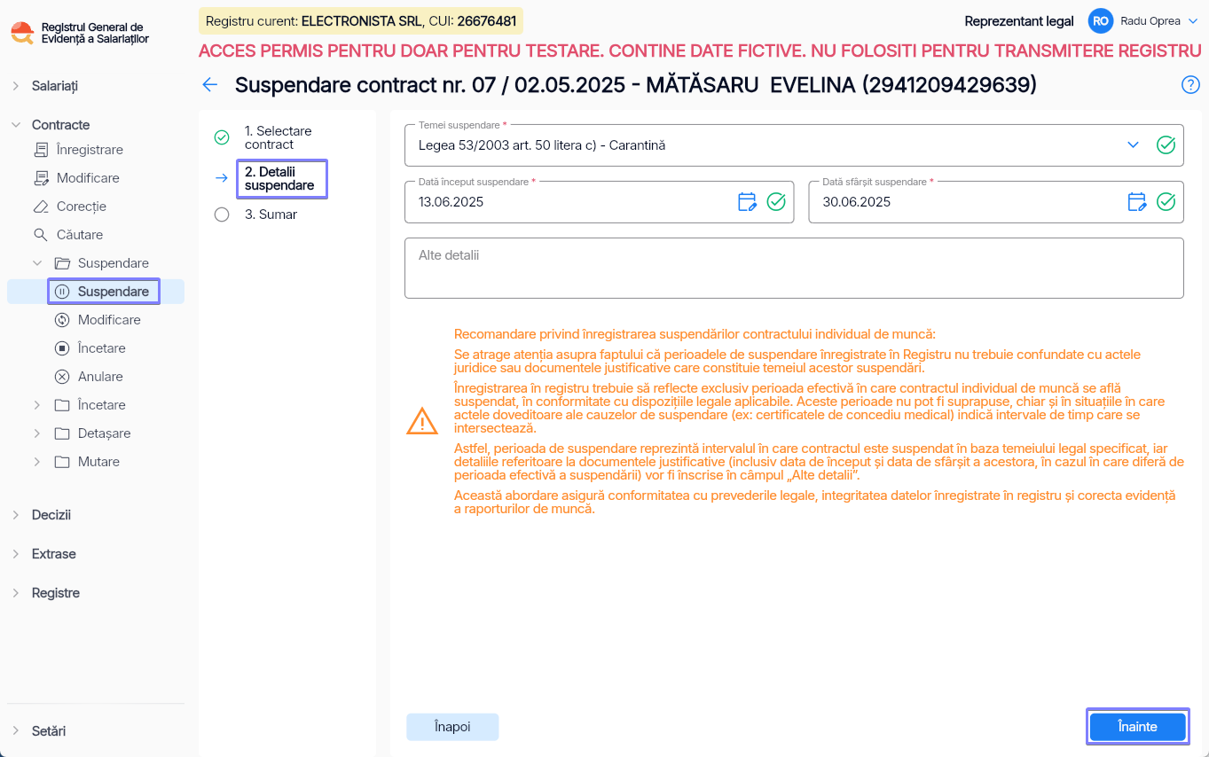 Imagine ilustrativă pași pentru suspendarea contractului unui salariat în Reges Online - Pasul 2