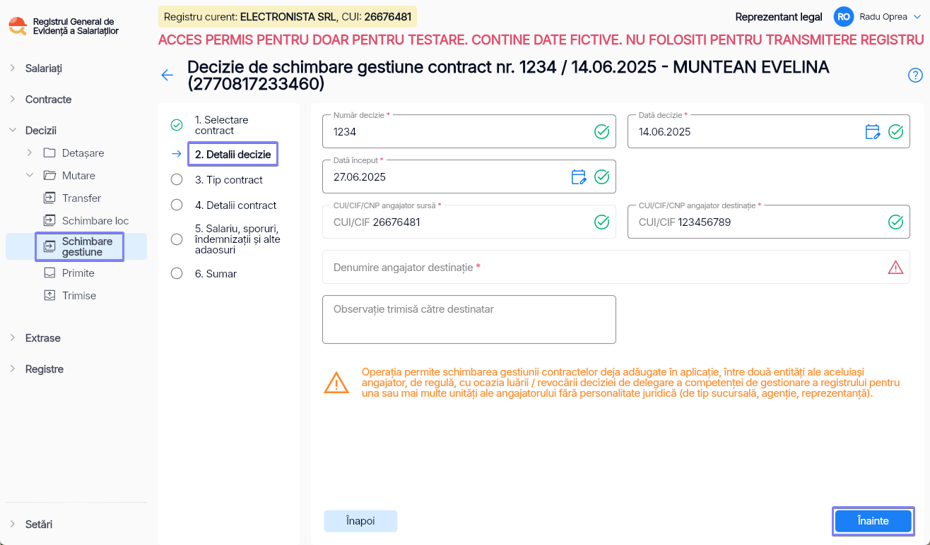 Imagine ilustrativă pași pentru mutarea unui angajat între două structuri de gestiune în Reges Online Pasul 2
