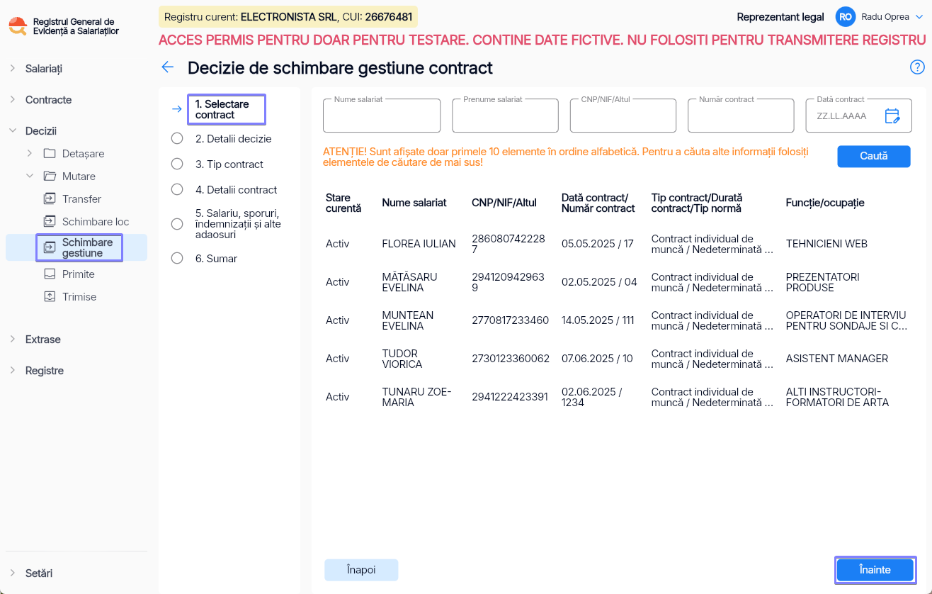 Imagine ilustrativă pași pentru mutarea unui angajat între două structuri de gestiune în Reges Online Pasul 1