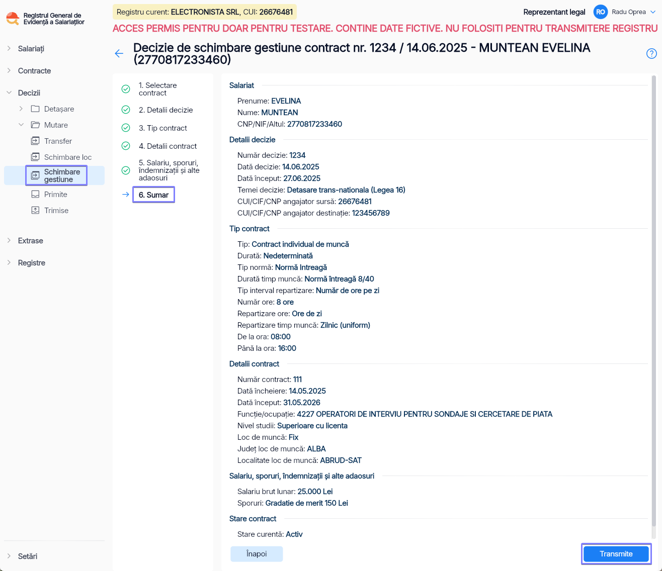 Imagine ilustrativă pași pentru mutarea unui angajat între două structuri de gestiune în Reges Online Pasul 6