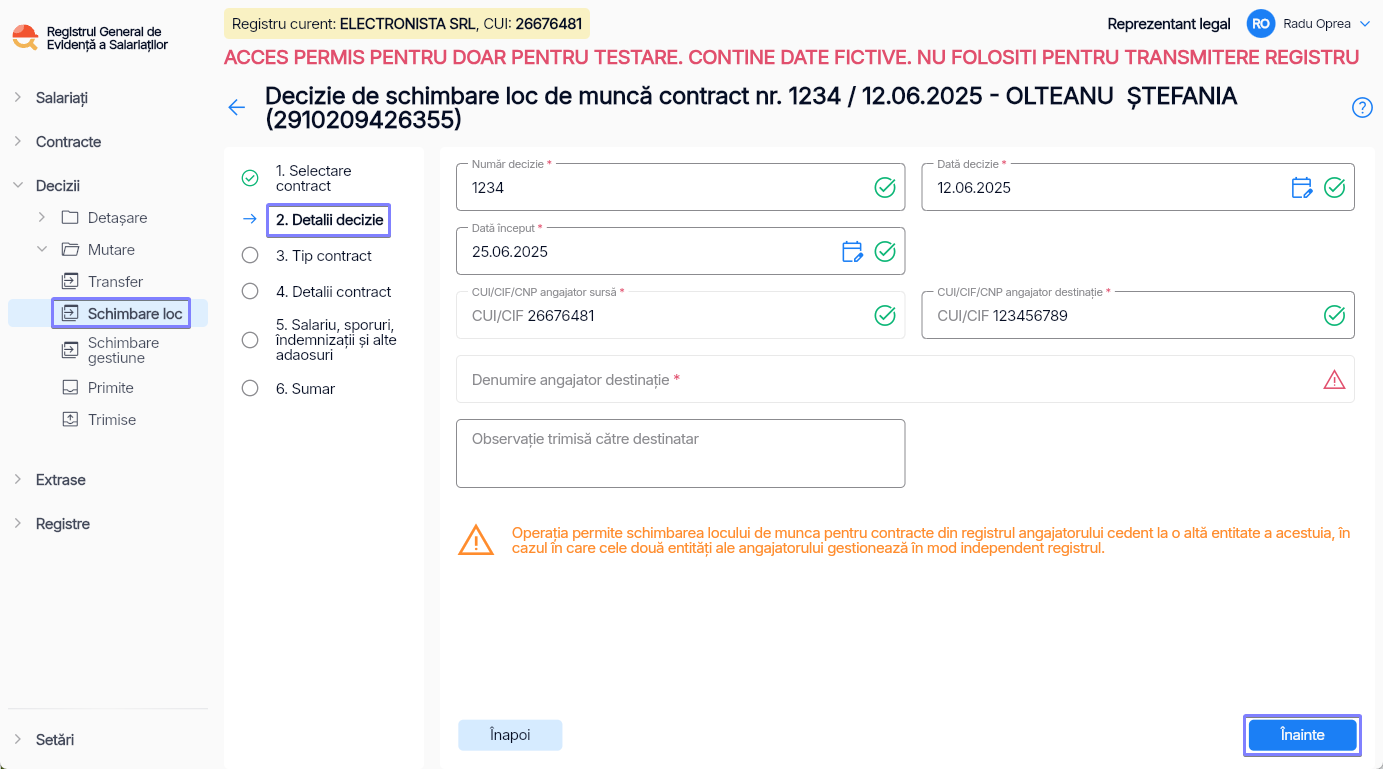 Imagine ilustrativă pași pentru mutarea angajatului într-o altă locație sau punct de lucru în cadrul aceleiași companii în Reges Online Pasul 2