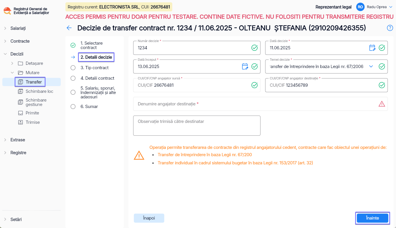 Imagine ilustrativă pași pentru transferarea unui angajat către o altă entitate juridică în Reges Online Pasul 2