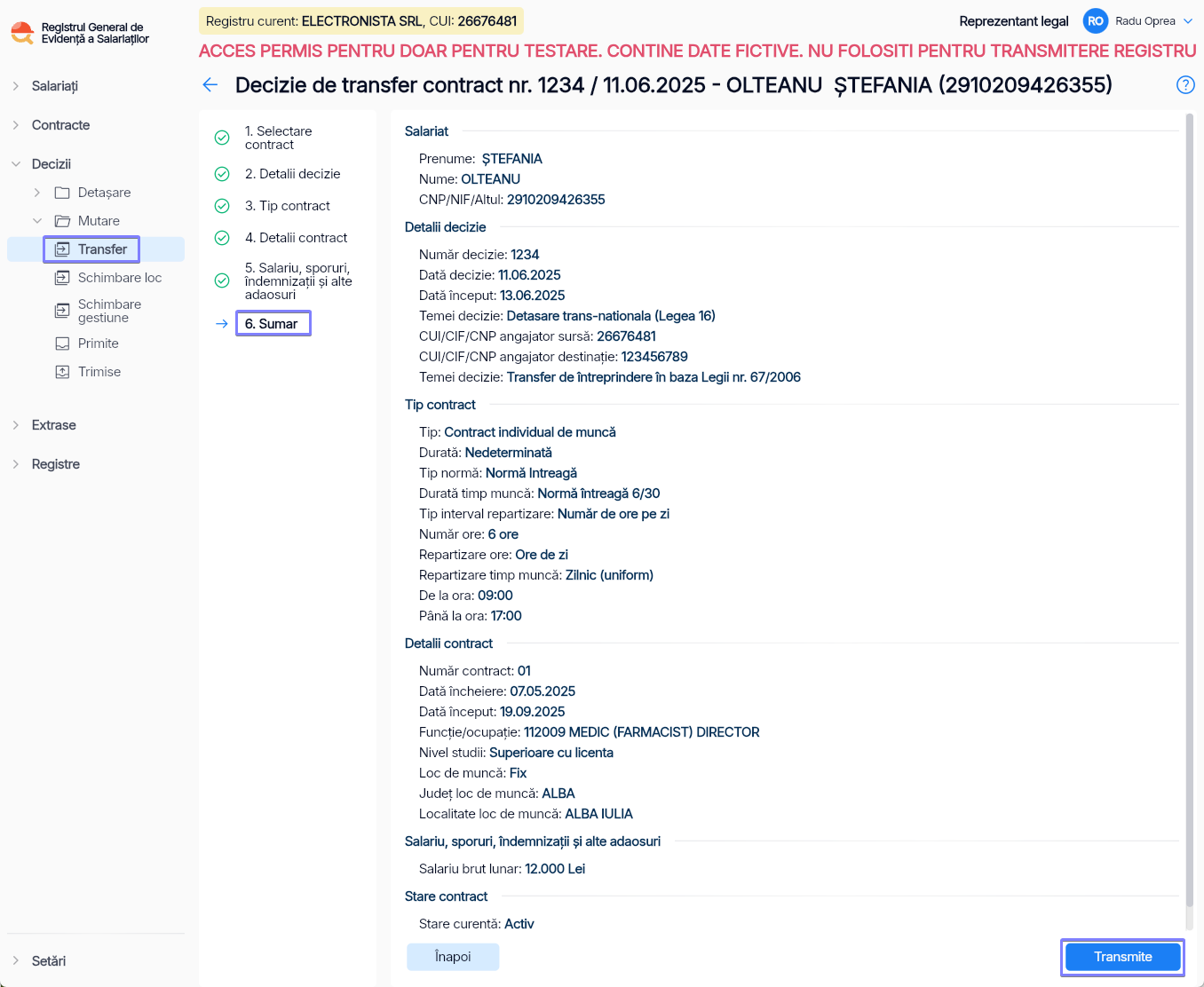 Imagine ilustrativă pași pentru transferarea unui angajat către o altă entitate juridică în Reges Online Pasul 6