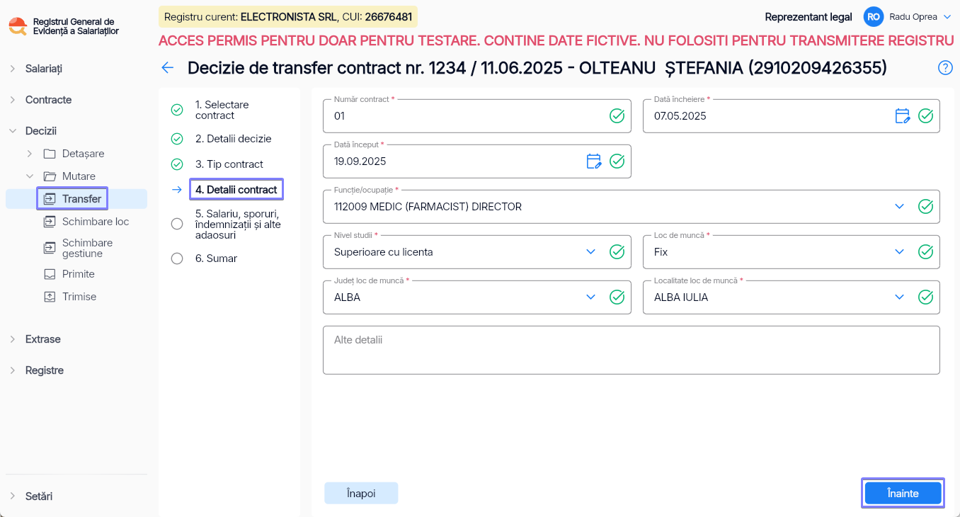 Imagine ilustrativă pași pentru transferarea unui angajat către o altă entitate juridică în Reges Online Pasul 4