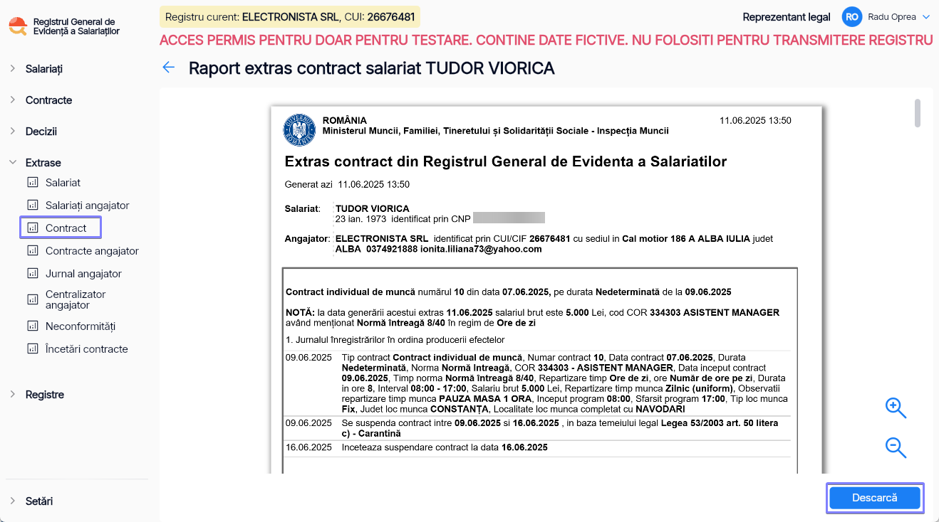 Imagine ilustrativă cu pași pentru generarea unui raport complet cu datele contractului individual de muncă al unui salariat în Reges Online Pasul 4