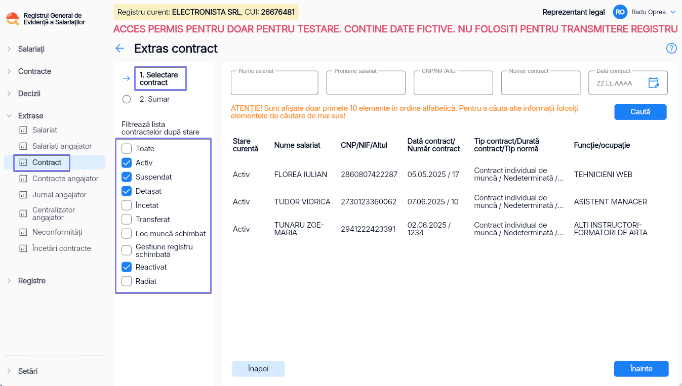 Imagine ilustrativă cu pași pentru generarea unui raport complet cu datele contractului individual de muncă al unui salariat în Reges Online Pasul 1