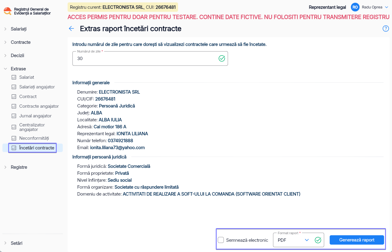 Imagine ilustrativă cu pași pentru generarea unui raport cu contractele care urmează să fie încetate în Reges Online Pasul 1