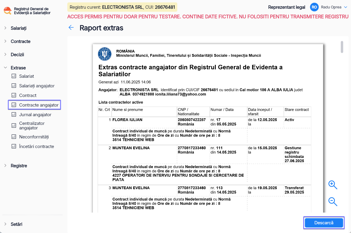 Imagine ilustrativă cu pași pentru generarea unei liste cu toate contractele de muncă înregistrate de un angajator în Reges Online Pasul 3