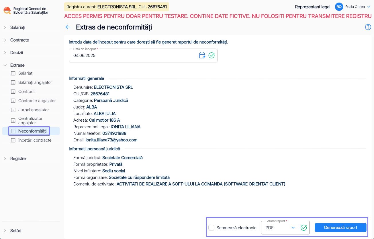 Imagine ilustrativă cu pași pentru generarea unui raport cu neconformitățile identificate în registru în Reges Online Pasul 1
