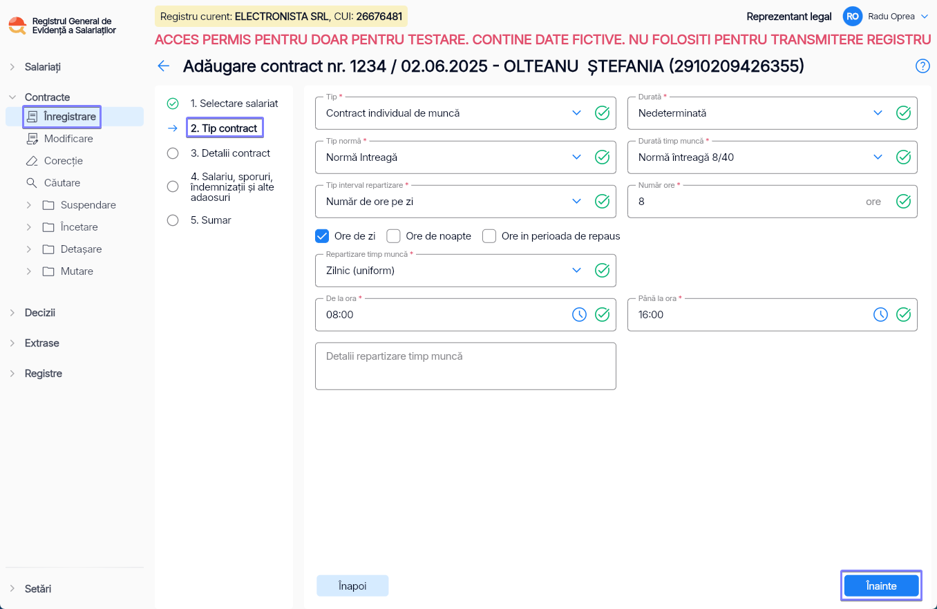 Imagine ilustrativă pași pentru înregistrarea contractului unui salariat în Reges Online - Pasul 2