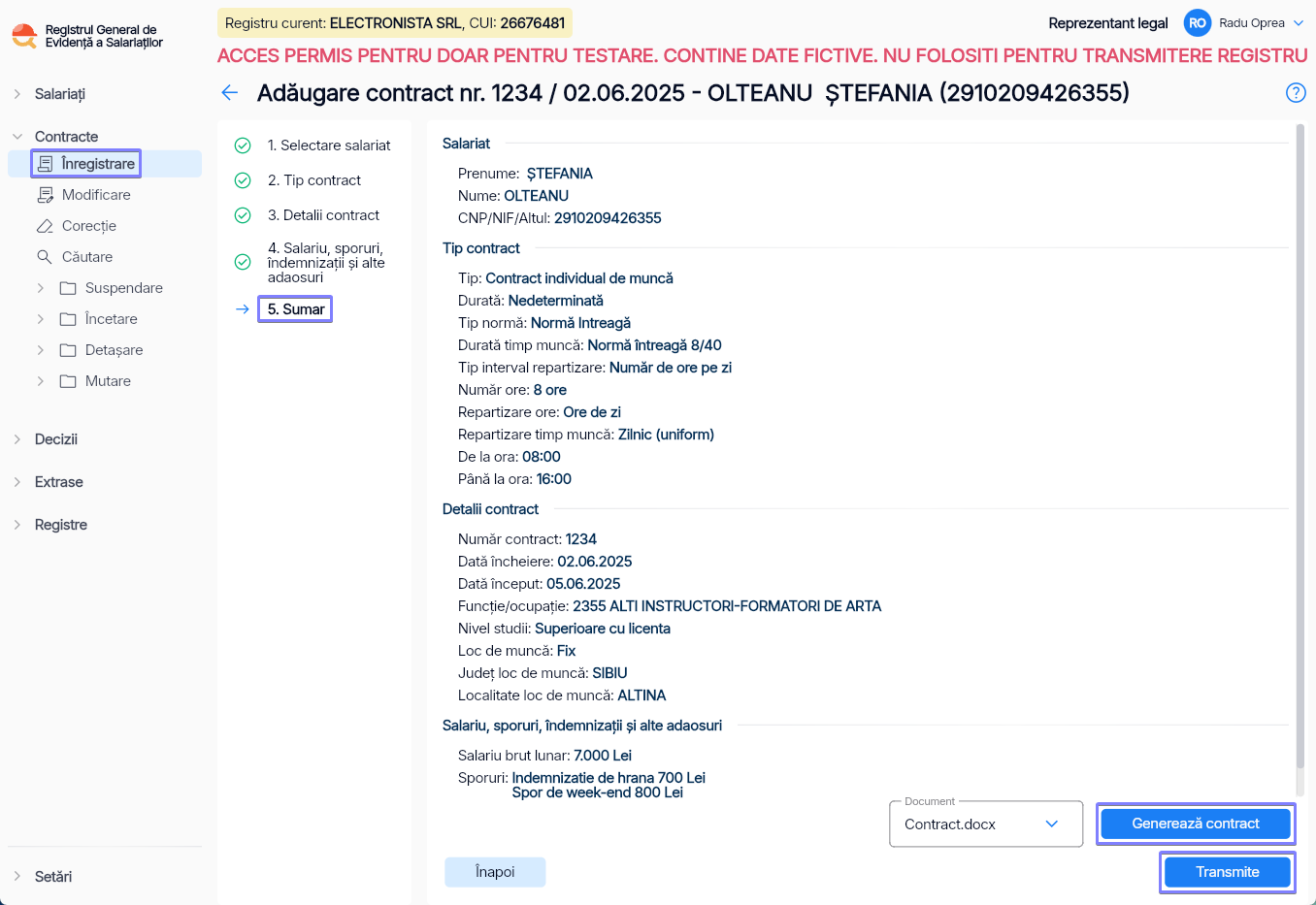 Imagine ilustrativă pași pentru înregistrarea contractului unui salariat în Reges Online - Pasul 5