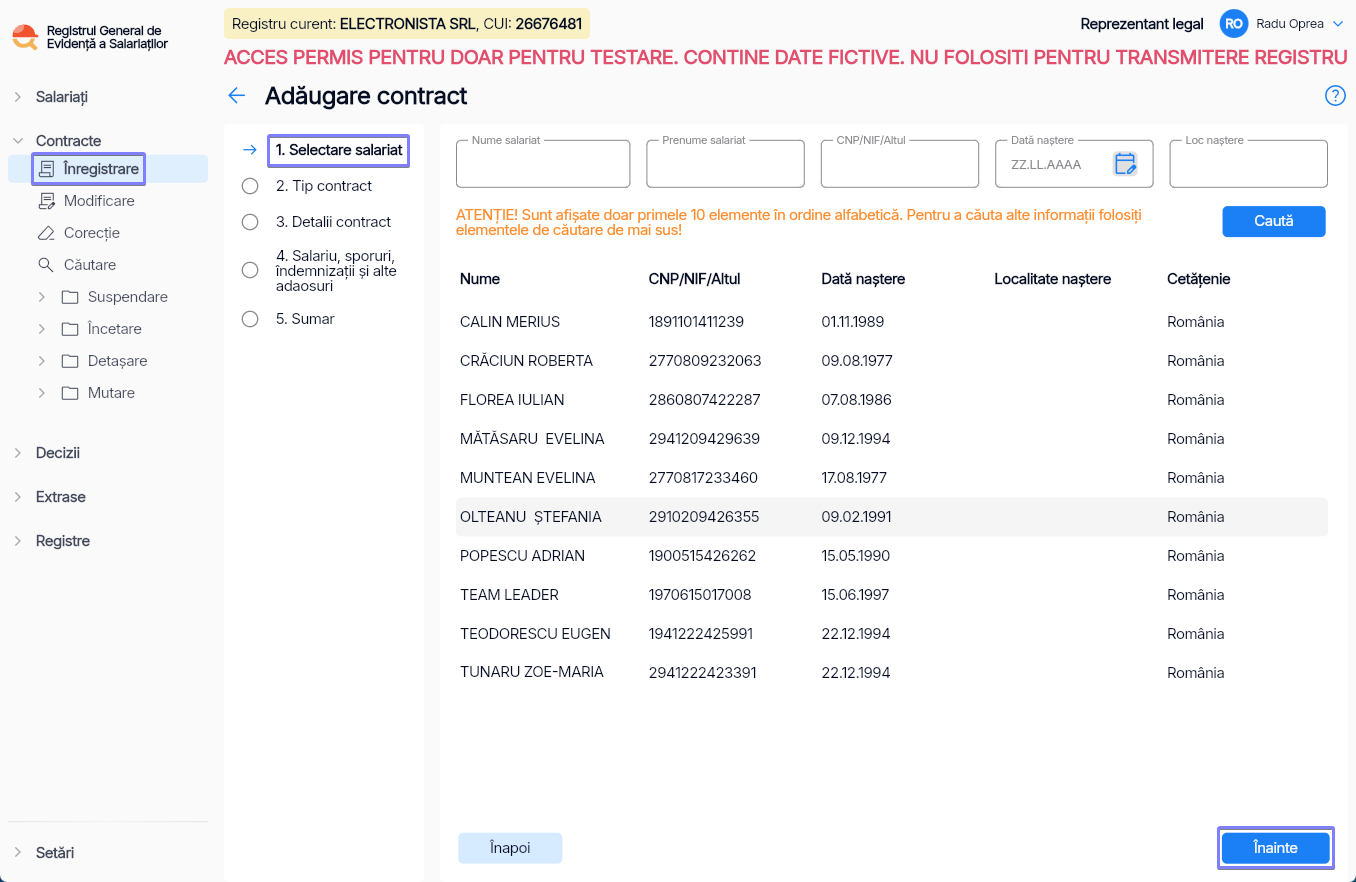 Imagine ilustrativă pași pentru înregistrarea contractului unui salariat în Reges Online - Pasul 1