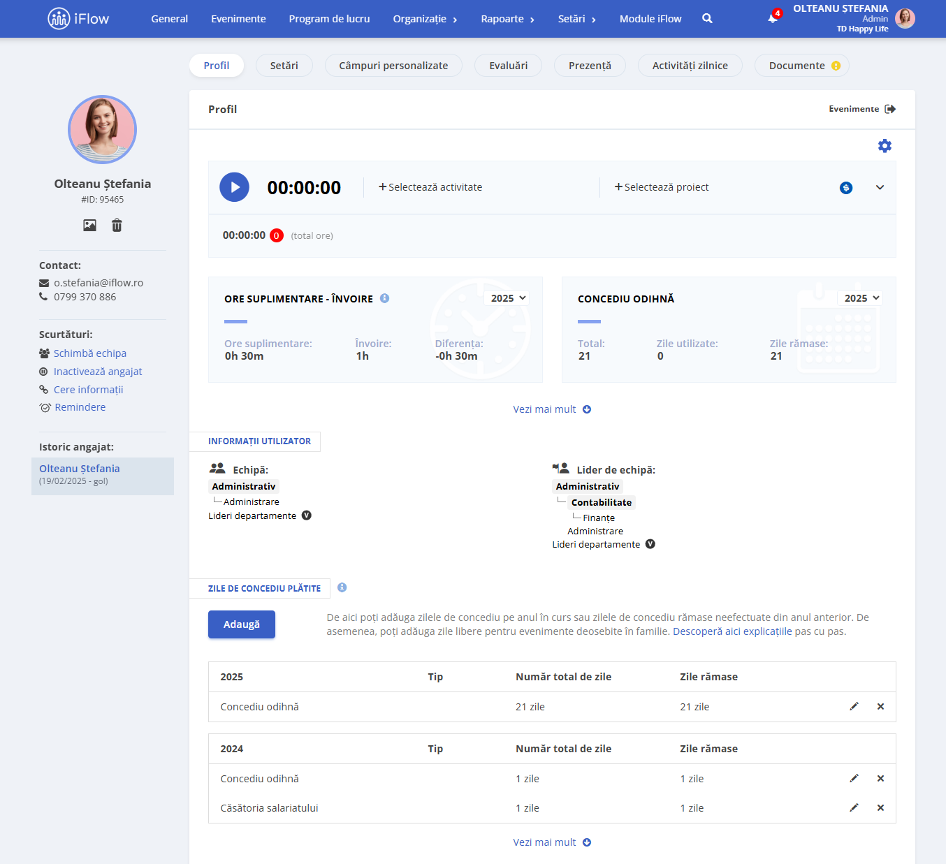 Administrarea concediilor în HR iFlow din profilul angajatului