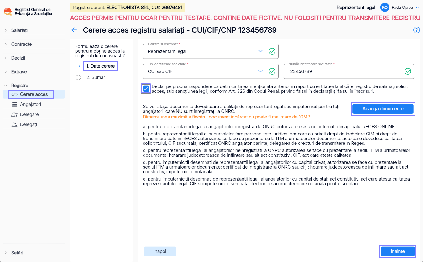 Imagine ilustrativă cu pași pentru solicitarea unei cereri pentru a solicita acces la registrul unei entități în Reges Online Pasul 1