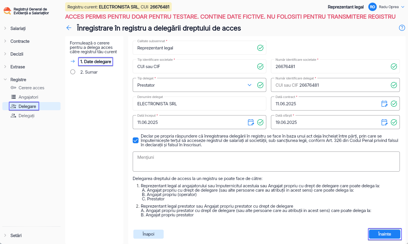 Imagine ilustrativă cu pașii pentru delegarea dreptului de acces în Reges Online Pasul 1
