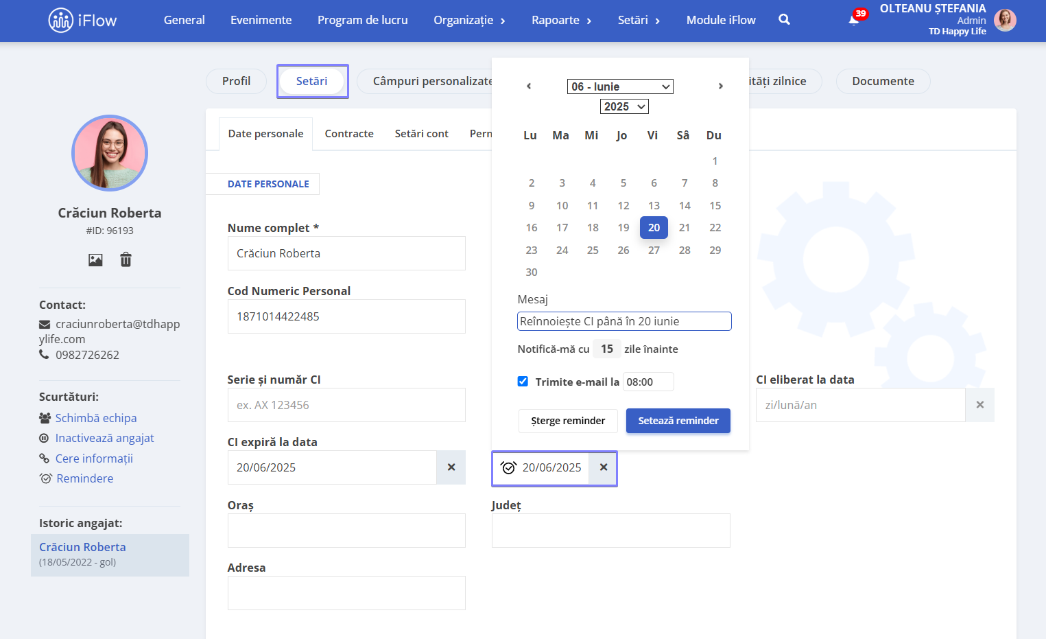 Setare remindere iflow, secțiunea date personale