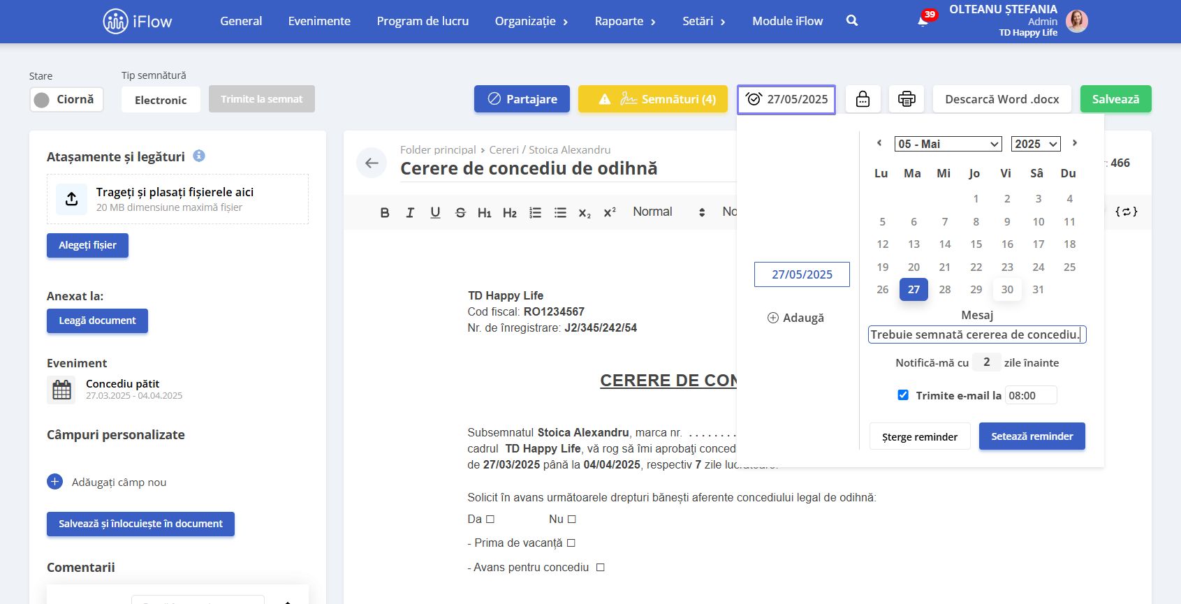 Setare reminder pe documente