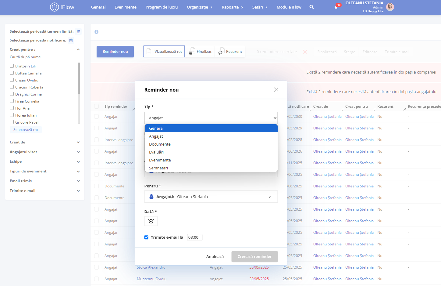 Pași adăugare reminder nou în iflow: Organizație - Remindere - Reminder nou