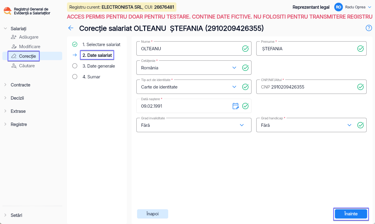 Imagine ilustrativă pași pentru corecția datelor unui salariat în Reges Online - Pasul 2