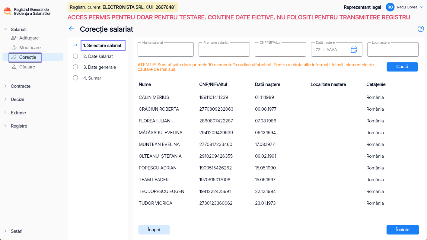 Imagine ilustrativă pași pentru corecția datelor unui salariat în Reges Online - Pasul 1