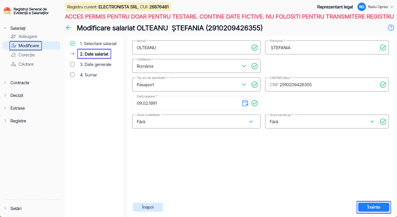 Imagine ilustrativă pași pentru modificarea datelor unui salariat în Reges Online - Pasul 2