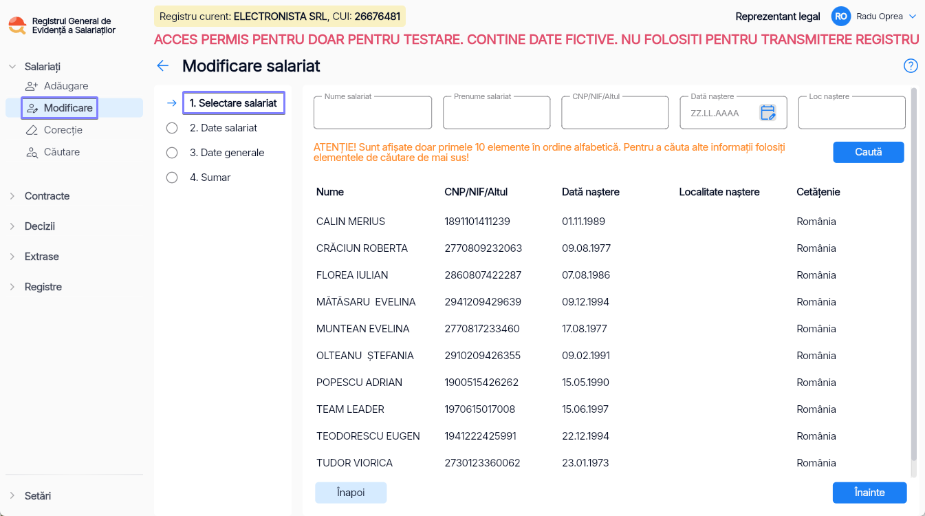 Imagine ilustrativă pași pentru modificarea datelor unui salariat în Reges Online - Pasul 1