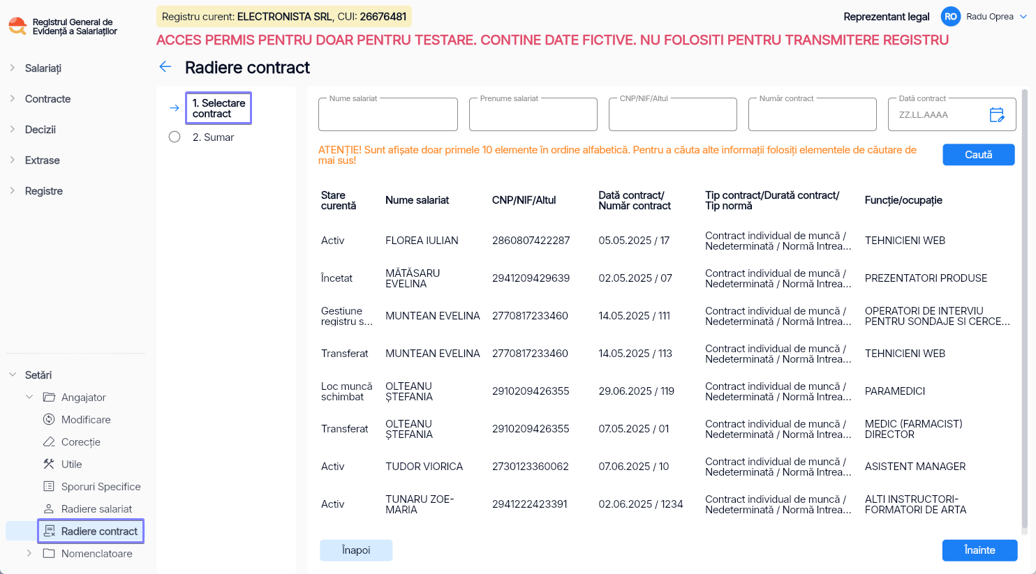 Imagine ilustrativă cu pașii pentru radierea unui contract adăugat din greșeală în Reges Online Pasul 1
