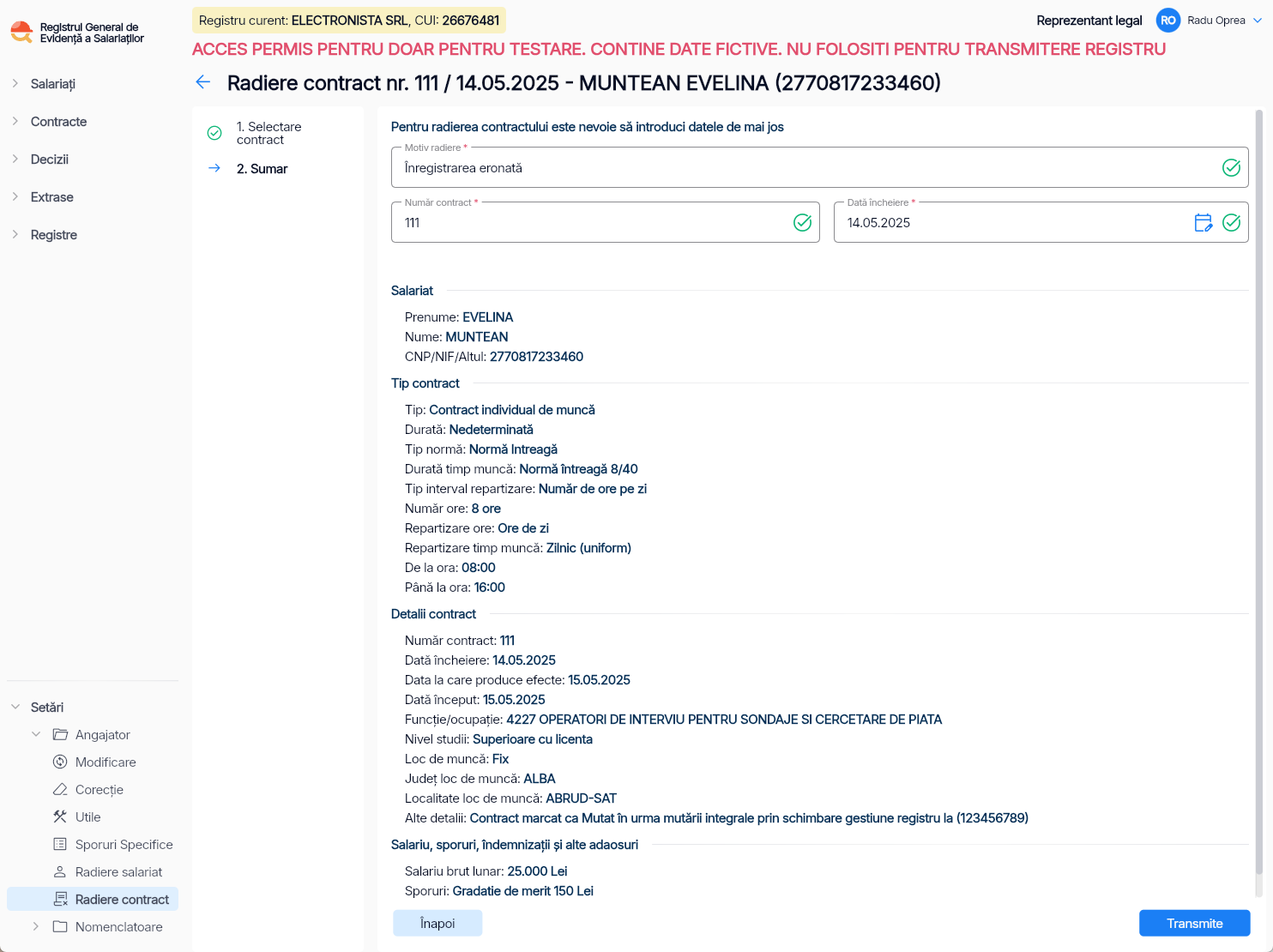 Imagine ilustrativă cu pașii pentru radierea unui contract adăugat din greșeală în Reges Online Pasul 2