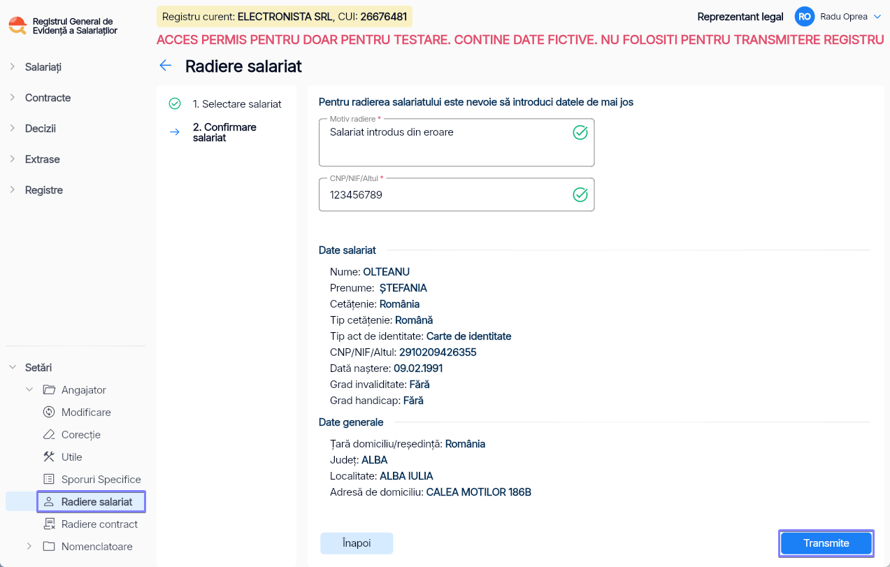 Imagine ilustrativă cu pașii pentru ștergerea definitivă a unui salariat în Reges Online Pasul 2