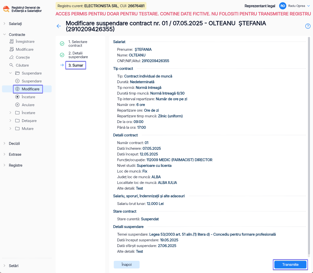 Imagine ilustrativă pași pentru modificarea suspendării contractului unui salariat în Reges Online - Pasul 3