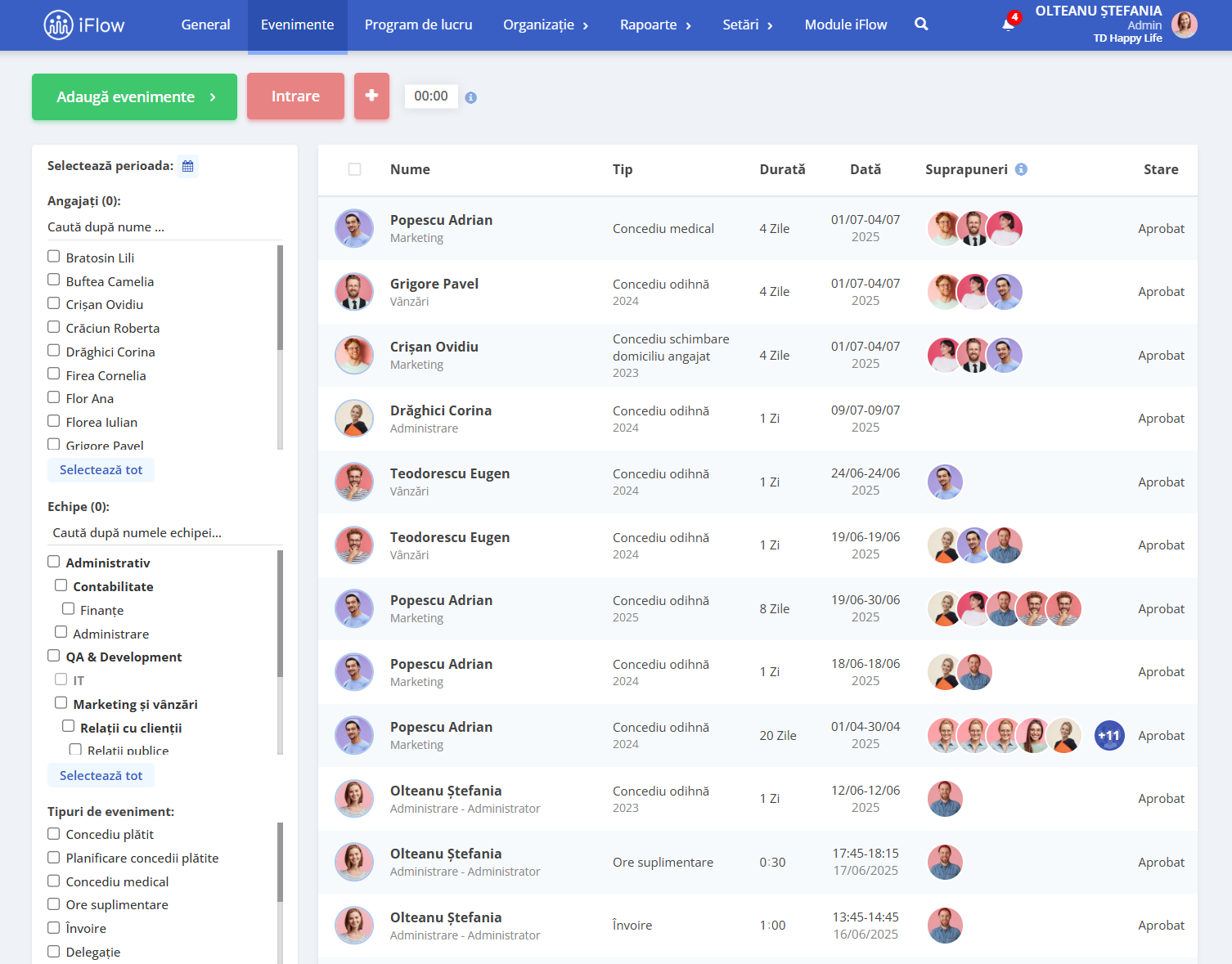 Administrarea concediilor în HR iFlow - Imagine de ansamblu asupra istoricului concediilor din companie/
