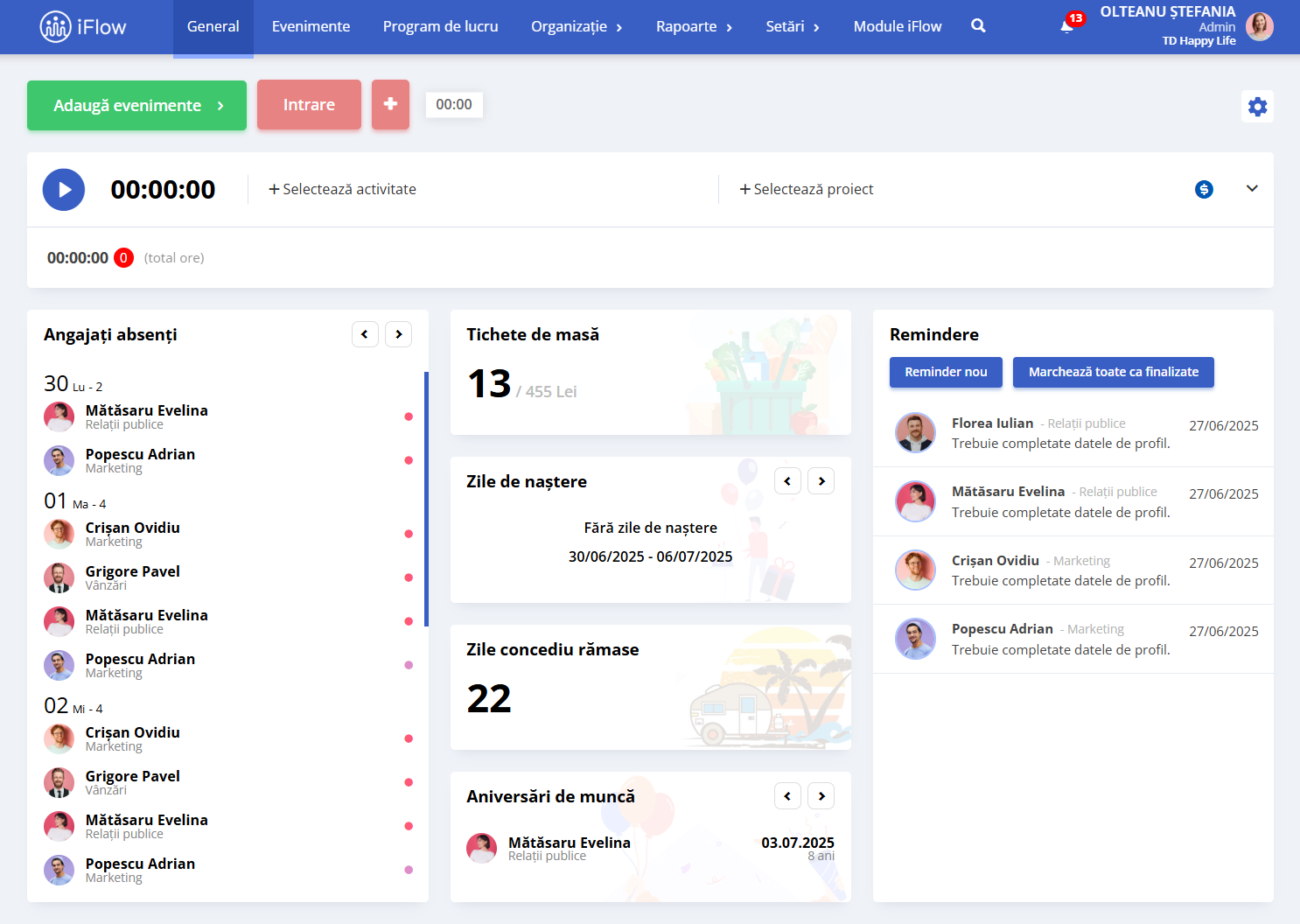Imagine cu panoul general din aplicația HR iFlow 