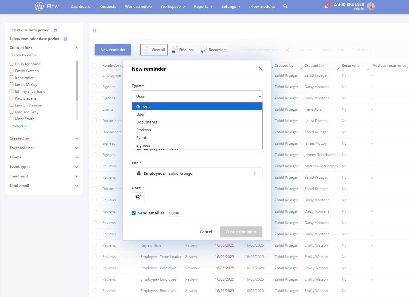 image illustrating how to add a new reminder in the hr iflow app