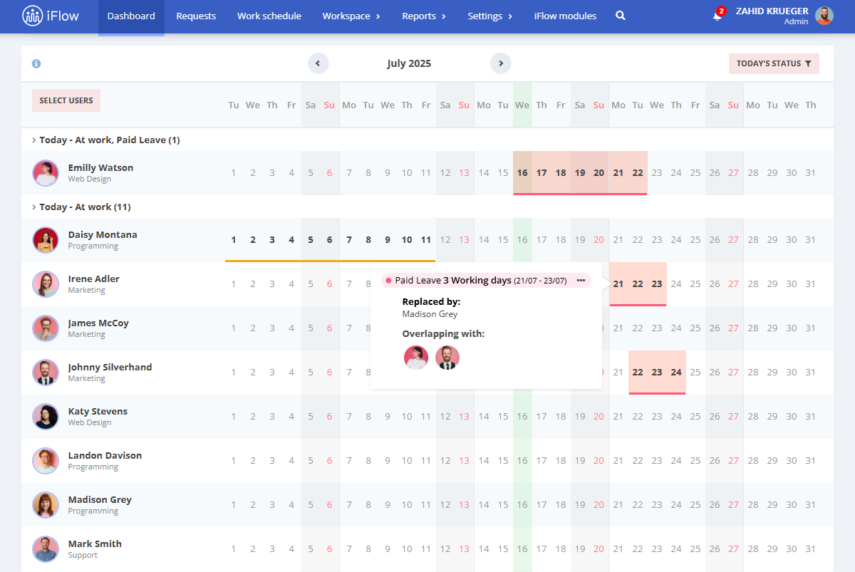 replacements for the vacation period in the hr iflow leave management software