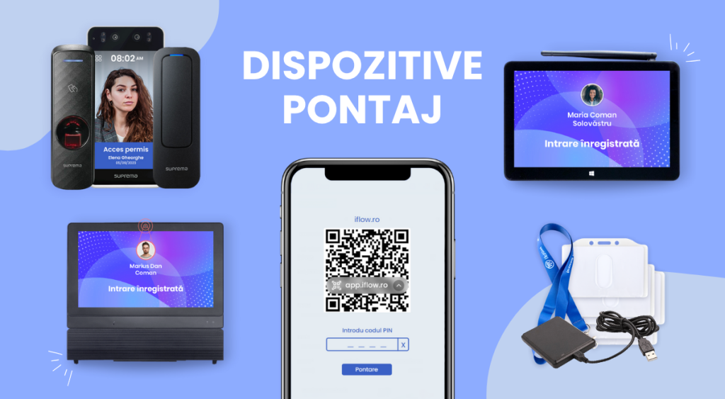 Imagine ilustrând dispozitivele de pontaj hr iflow: control acces, cartelă RFID, aplicație și pontarea cu cod QR