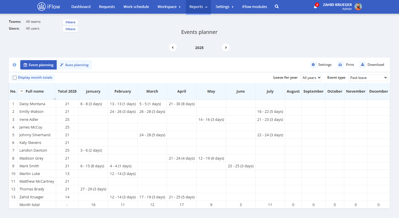 events planner in the hr iflow app