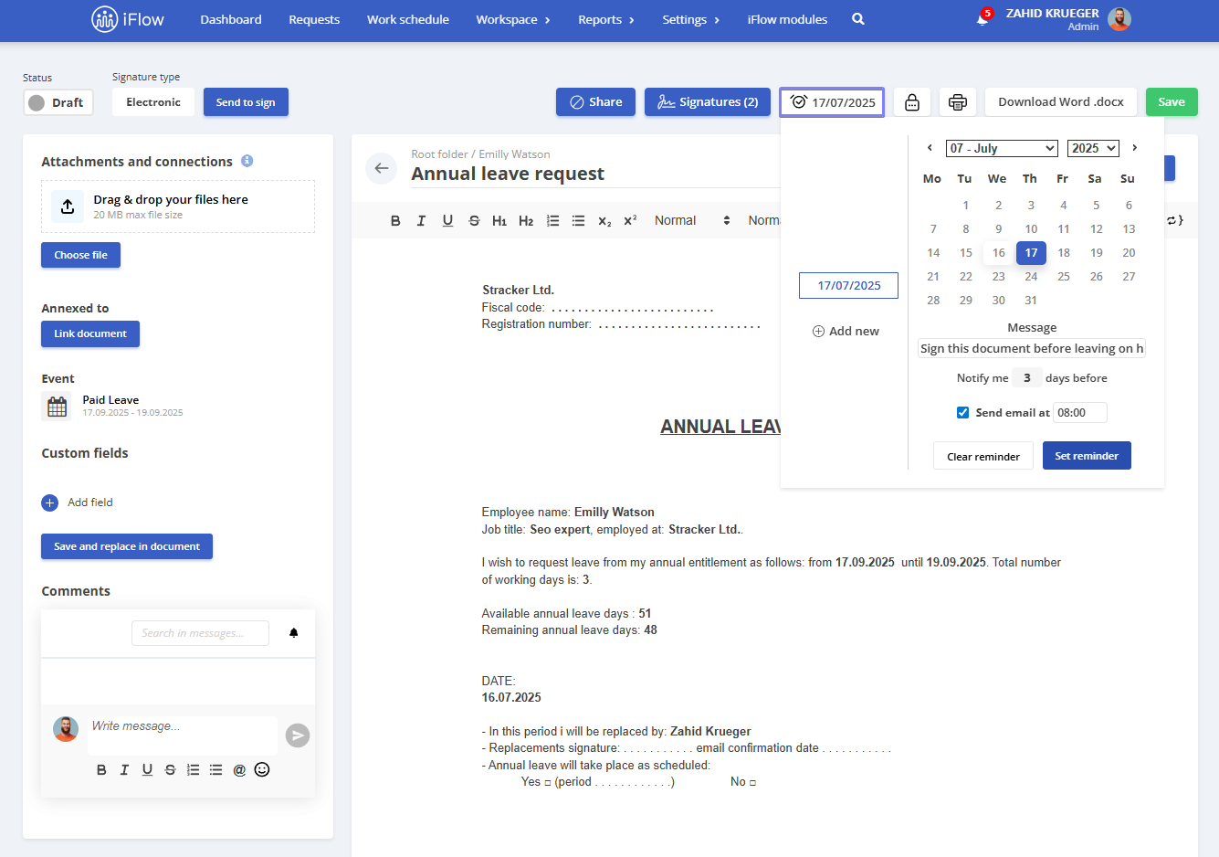 image illustrating how to set a reminder in the documents section from the hr iflow app