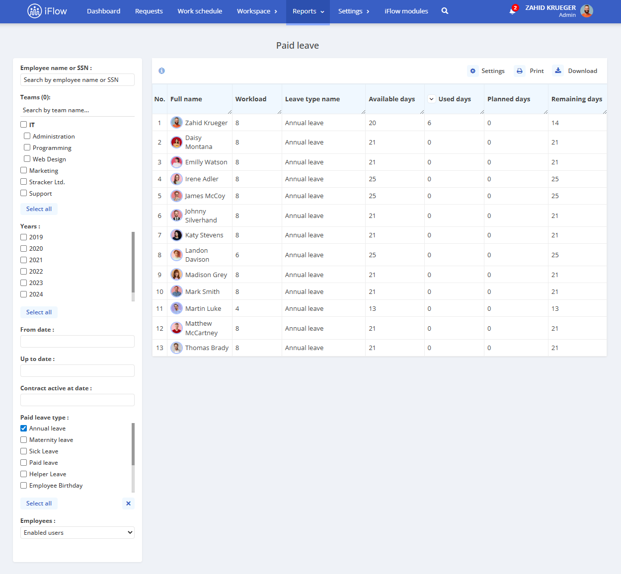 organization-wide report in hr iflow leave management app