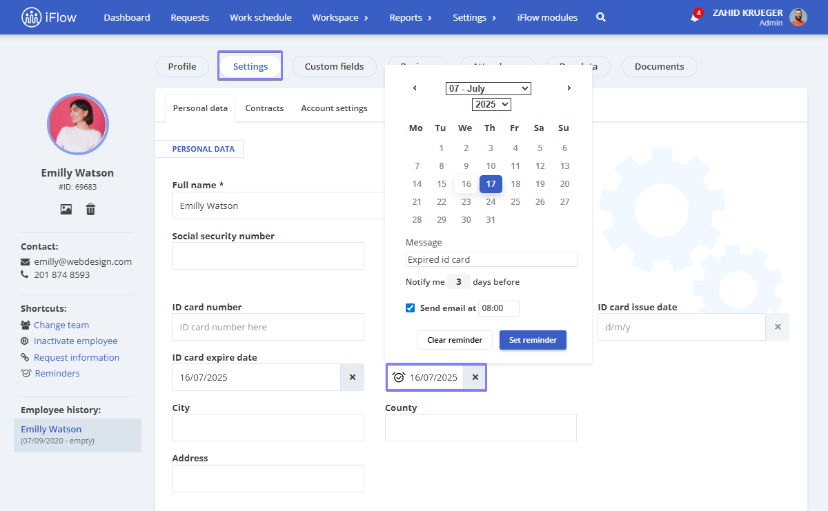 image illustrating how to set a reminder in the hr iflow app