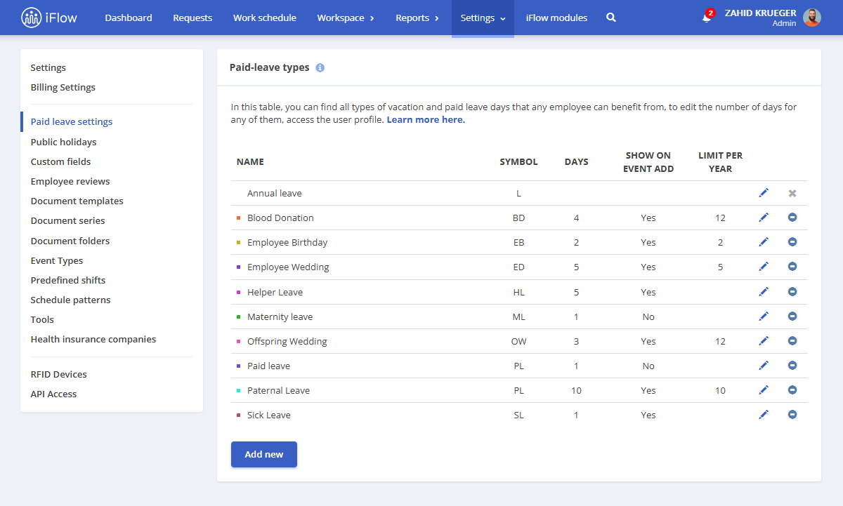 setting custom leave days in hr iflow leave management software app - go to settings - paid leave settings