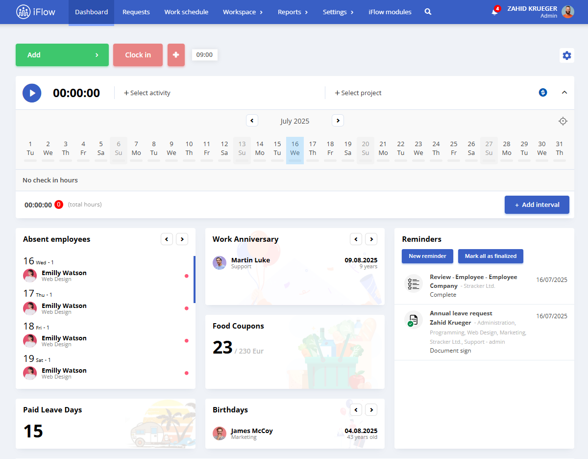 image with the dashboard from the hr iflow app